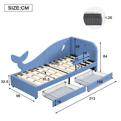 Kinder-Spleißbett, Polsterbett, Tagesbett, Walförmiges Design, Schlafsofa mit Metallbettgestell, 2 Schubladen auf Rollen, PU+MDF+Sperrholz, Blau, 90x200cm