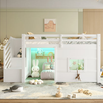 90x200 Hochbett mit Stauraumtreppe und Fenster, Weiß