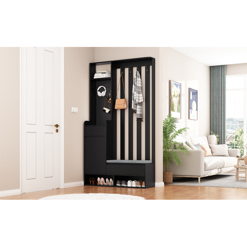 Flurgarderobe mit gepolsterter Aufbewahrungsbank, multifunktionaler Flur-Schuhschrank mit Stecktafel, moderne Garderobe mit 4 Haken für Eingangsbereich, Waschküche, Schwarz,H180/B100/T35 cm