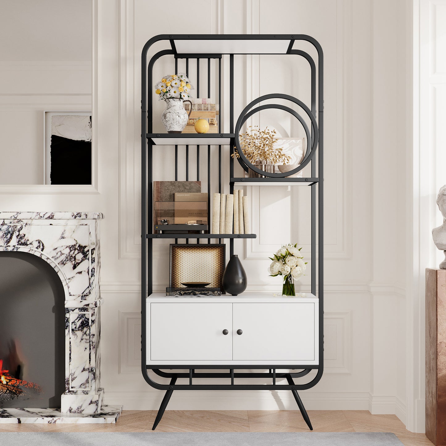 80 x 30 x 180 cm Metallregal, weißer Lagerschrank mit Doppeltür, drei Regalböden, schwarzes Metallregal, hohe Metallfüße, runde Dekoration, weiß + schwarz