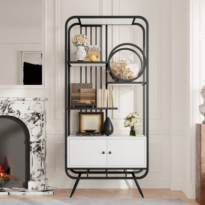 80 x 30 x 180 cm Metallregal, weißer Lagerschrank mit Doppeltür, drei Regalböden, schwarzes Metallregal, hohe Metallfüße, runde Dekoration, weiß + schwarz