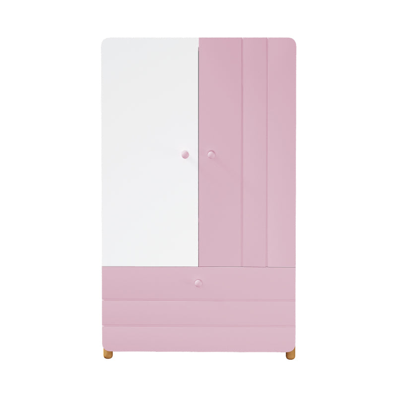 Geräumiger Kleiderschrank mit minimalistischen Linien und zarten holzfarbenen Füßen mit Staufächern, Schubladen und Kleiderbügeln, Farbblock-Design, Rosa