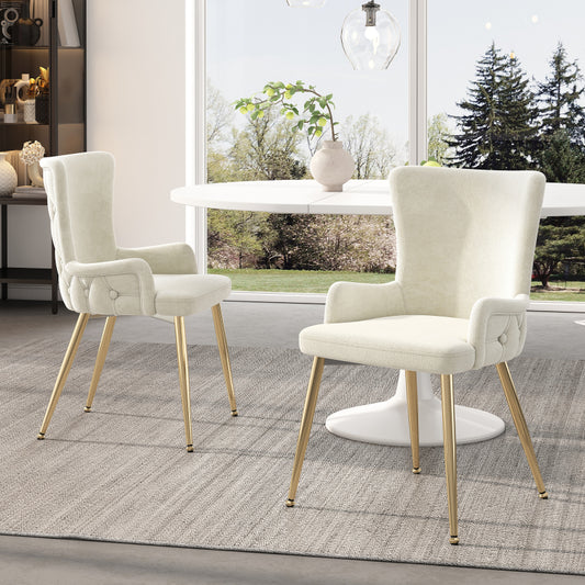 Samt-Esszimmerstuhl, 2er-Set, luxuriöser Wohnzimmer-Schlafzimmer-Loungesessel mit vier goldfarbenen Metallstützbeinen, Beige