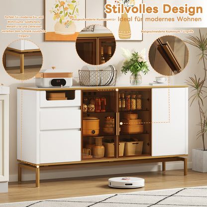 Elegantes Sideboard 150Lx40Bx80H cm, weiß, Arbeitsplatte aus Marmor, goldene Zierleiste - Moderner Stauraumschrank mit Glas- und Holzfächern