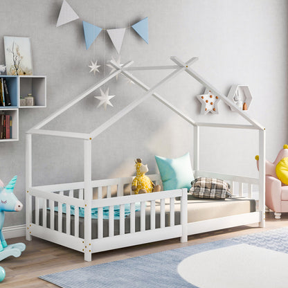 Hausbett 90x200 Weiß, Kinderbett mit Rausfallschutz & Lattenrost, Abenteuerbett Kiefer Massivholz