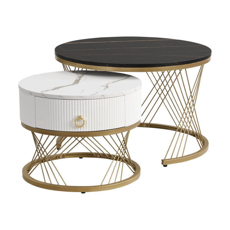 Eleganter zusammensetzbarer Couchtisch: Marmoroptik, Golddekor, Beistelltisch mit Schubladen – 2er-Set