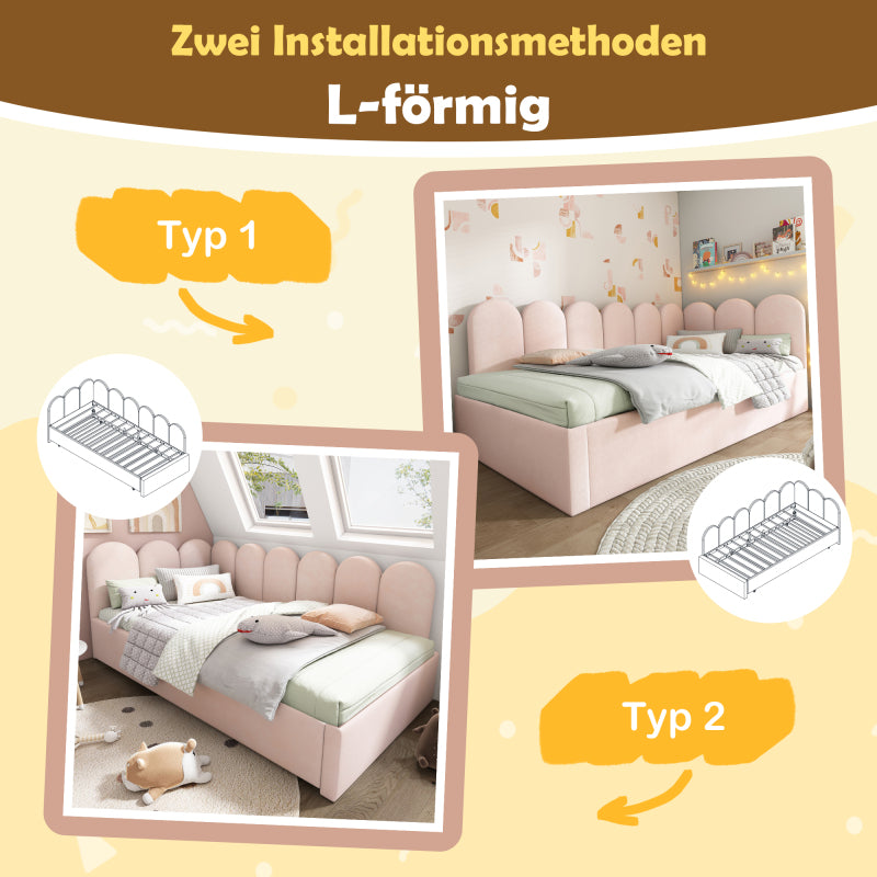 Polsterbett Daybett 90x200cm,Tagesbett Schlafsofa mit Ausziehbett 90x190cm, Kinderbett mit Lattenrost, Samt, Rosa, ohne Matratze