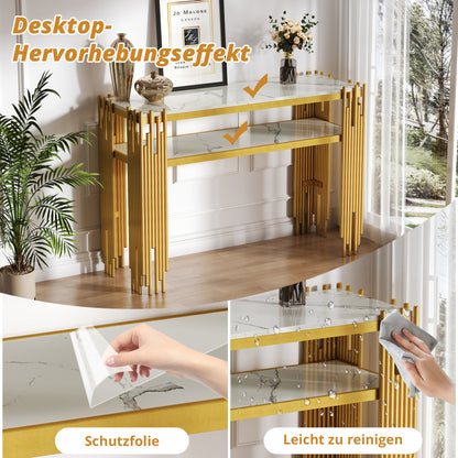 Mid-Century Modern Wohnzimmer Beistelltisch, Konsolentisch, weißer Korpus mit goldenen Beinen, doppellagiges MDF, belastbar bis 40 kg
