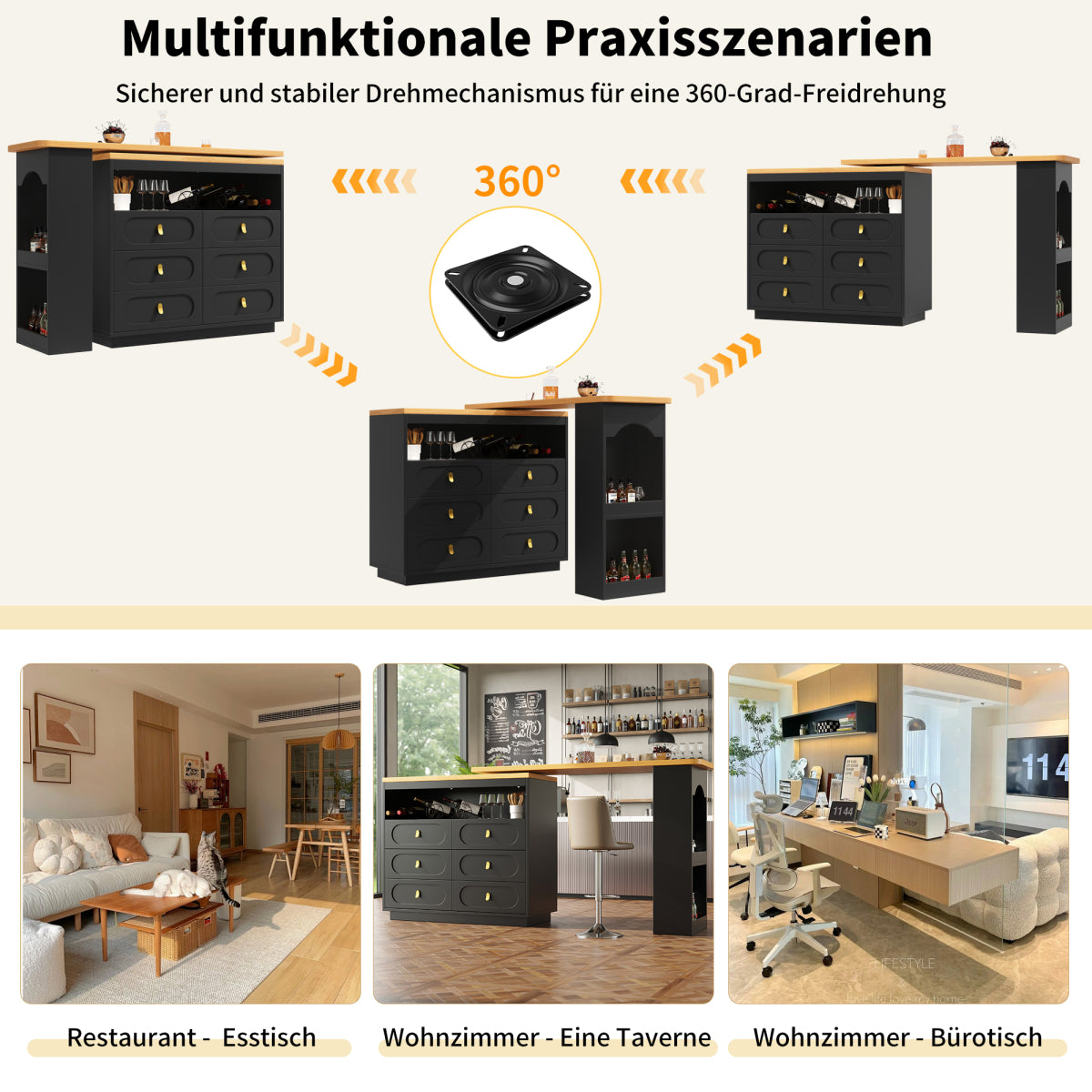 Bartisch ausziehbar 138-203cm, 360° drehbarer Stehtisch mit 6 Schubladen & Snack-Regal, moderner Küchentisch, Schreibtisch & Bar, Schwarz