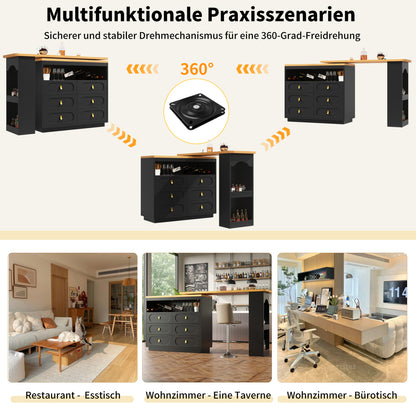 Bartisch ausziehbar 138-203cm, 360° drehbarer Stehtisch mit 6 Schubladen & Snack-Regal, moderner Küchentisch, Schreibtisch & Bar, Schwarz