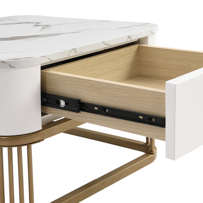 Stapelbarer Couchtisch: hochglänzende Marmoroptik und Teebraun Glasplatte, goldene Akzente, Beistelltisch mit Schubladen.  zweiteiliges Set