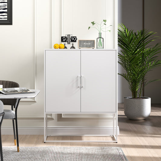 Metall-Sideboard,Lagerschrank– 2 Regale, Freistehender Stahlschrank, Magnettüren, Anti-Kipp-Sicherung, Wohnzimmer, Küche, Büro, Weiß, H 109 cm × B 85 cm × T 40 cm