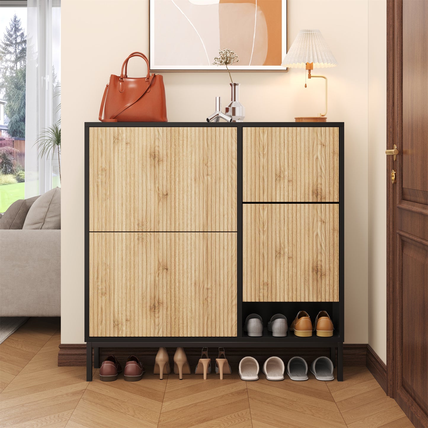Schuhschrank mit Schuhwechselhocker, dreifach klappbarem Schuhregal und offenem Stauraum, geeignet für Flure, Schwarz + Holzfarbe