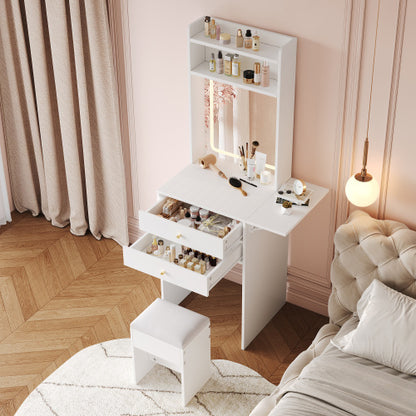 Schminktisch mit klappbarer Tischplatte, Frisiertisch Weiß 75cm, LED Spiegel (dimmbar, 3 Farben) & Stauraum