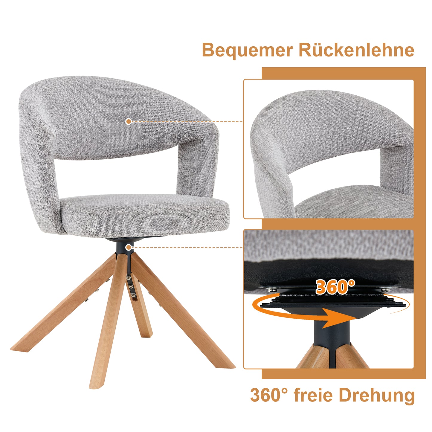 2er-Set Retro-Luxus-Drehstühle Esszimmerstühle aus Strukturstoff Grau mit Massivholzbeinen 360 Grad drehbar gepolstert mit Rückenlehne Höhe 81,5 cm