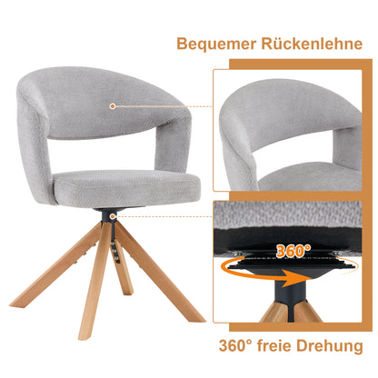 2er-Set Retro-Luxus-Drehstühle Esszimmerstühle aus Strukturstoff Grau mit Massivholzbeinen 360 Grad drehbar gepolstert mit Rückenlehne Höhe 81,5 cm