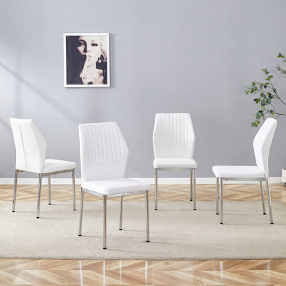 4er-Set Esszimmerstühle Weiß PU-Leder Leicht-Luxus-Stil mit senkrechter Prägung und silbernen Metallbeinen