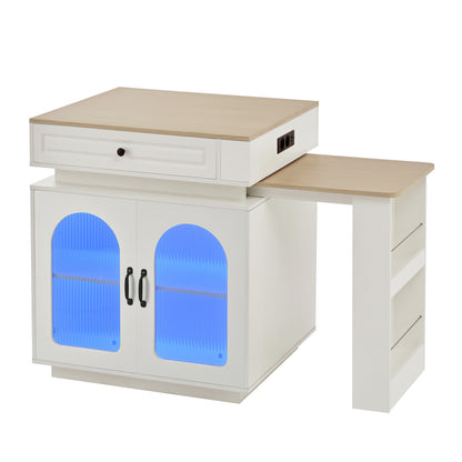 Kücheninsel mit Rollen, ausziehbarer Esstisch 128–200 cm mit LED & Steckdosen, Bartisch/Sideboard