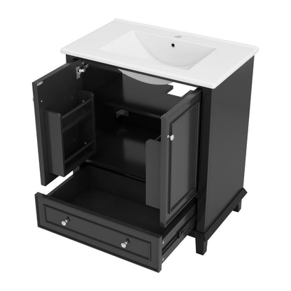 Badezimmerschrank 73x45x87 cm, MDF & Massivholzbeine, feuchtigkeitsbeständig, viel Stauraum, integriertes Keramikwaschbecken, Schwarz