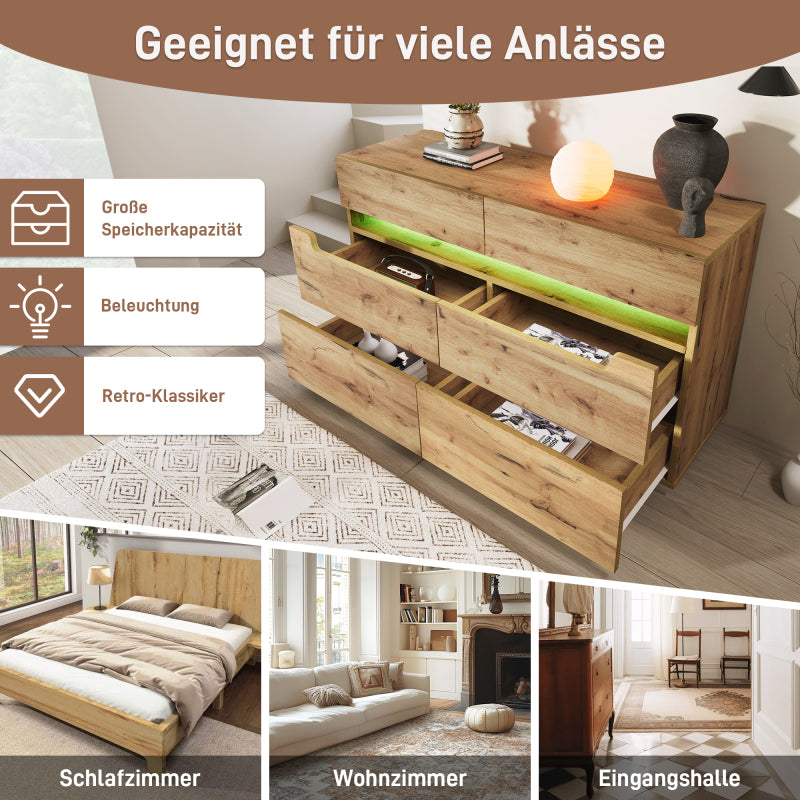 Kommode, Sideboard Holz mit 6 Schubladen, LED Beleuchtung (App Control), Mehrzweckschrank für Wohnzimmer und Schlafzimmer, 71 x 120 x 40 cm, Eiche