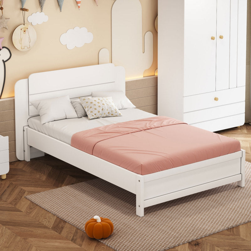 Holzbett 90*200 cm , Einzigartige und Minimalistische Form, Kopfteil mit Liniendesign, Kindereinzelbett, Weiß
