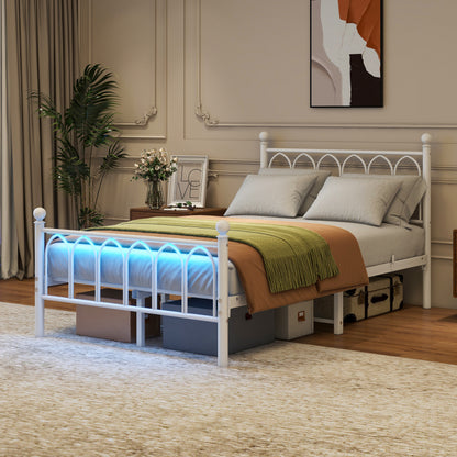 120x200cm Metall-Bettrahmen mit Vintage Kopf und Fußplatte, USB-Ladestation, LED-Bettrahmen, Heavy Duty Stahl Slat Unterstützung, Reichweite Unterbett-Speicher, Keine Box-Feder erforderlich, Weiß