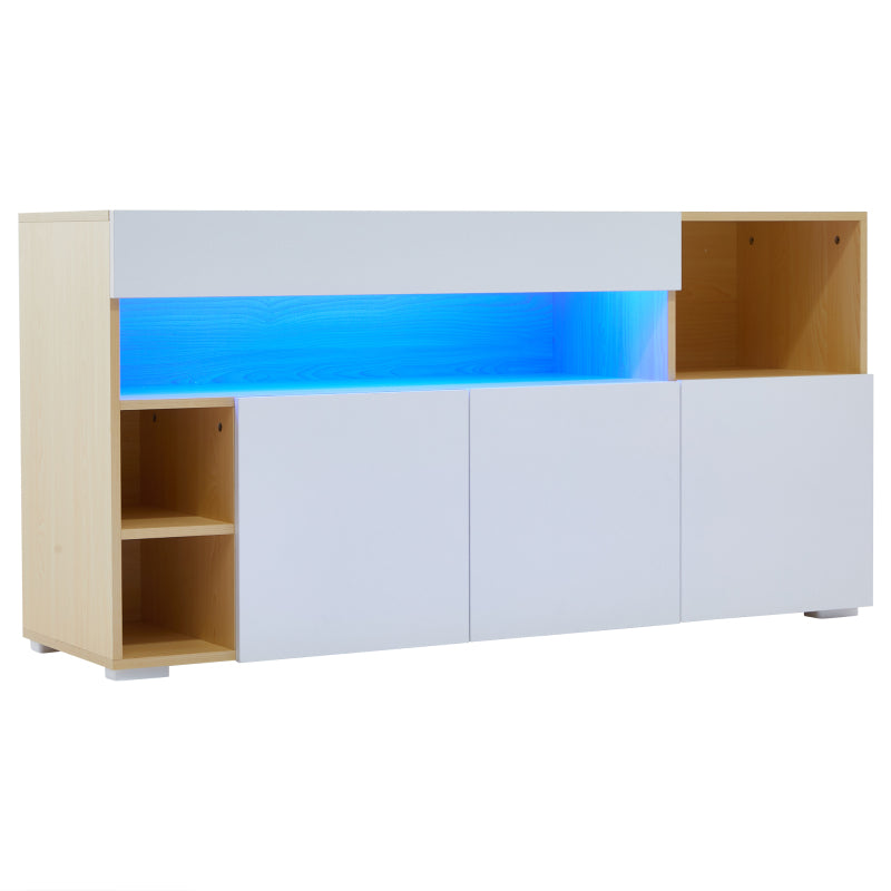 LED Sideboard Breite 140cm, Multifunktionales Sideboard,Kommode, Highboard , Luxuriöses Sideboard für Wohnzimmer, Eckschrank für Flur, Schrank für Schlafzimmer, Weiß und Eiche