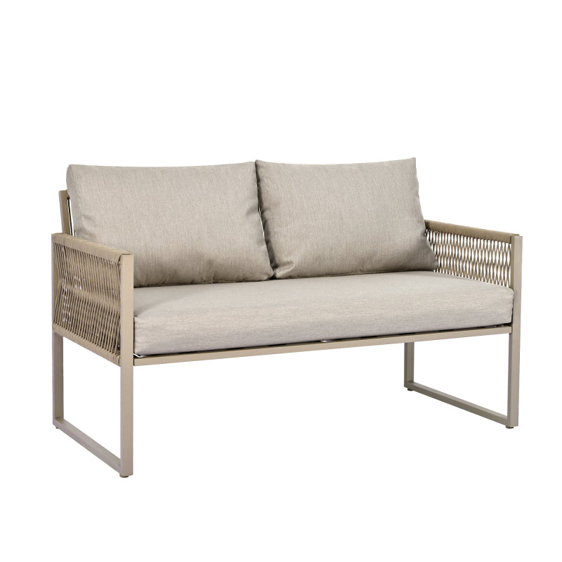 Garten-Lounge-Set mit verzinktem Eisenrahmen, Gartenmöbel-Set aus Seil, Lounge-Set aus khakifarbenem Seil mit Sitzkissen, verstellbaren Füßen, glatter Glasplatte, 4er-Set, inklusive aller Kissen