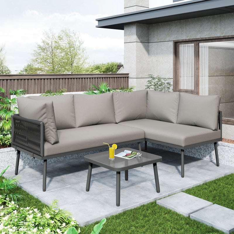 Garten-Lounge-Set aus Eisen, Gartenmöbel-Set aus grauem Seil, L-förmiges Gartenmöbel-Set, Lounge-Set aus grauem Seil mit Sitzkissen, verstellbaren Füßen, 2 Sofas und 1 Tisch