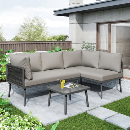 Garten-Lounge-Set aus Eisen, Gartenmöbel-Set aus grauem Seil, L-förmiges Gartenmöbel-Set, Lounge-Set aus grauem Seil mit Sitzkissen, verstellbaren Füßen, 2 Sofas und 1 Tisch