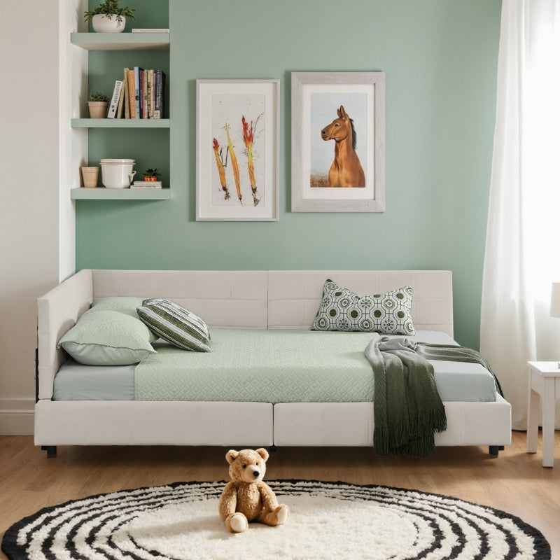 Doppelbett 160x200, weiches hautfreundliches Samt, L-förmiges Eck Bettgestell, robuste Eukalyptus- und Eisenlatten, Beige (ohne Matratze)