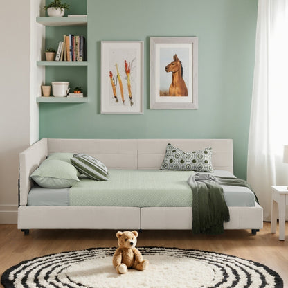 Doppelbett 160x200, weiches hautfreundliches Samt, L-förmiges Eck Bettgestell, robuste Eukalyptus- und Eisenlatten, Beige (ohne Matratze)