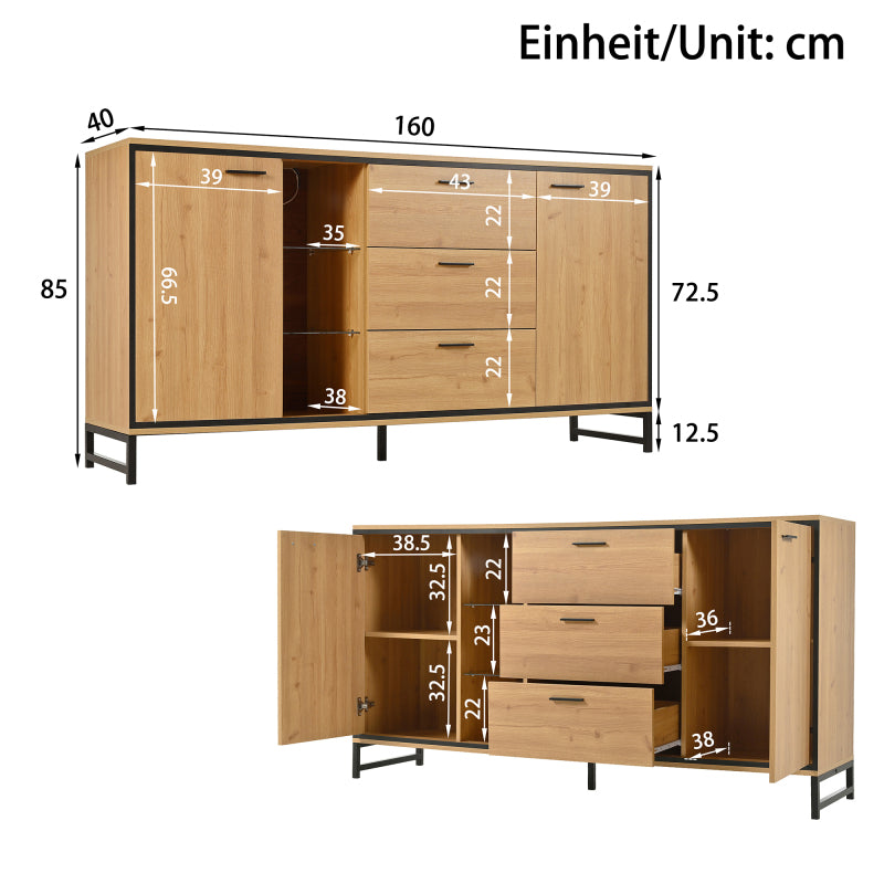 Sideboard mit drei Schubladen, exquisite Maserung. Modernes Sideboard in Holzfarbe mit Ablagefächern – stilvolle und funktionale Wohnmöbel. Schwarz und Holzfarbe.