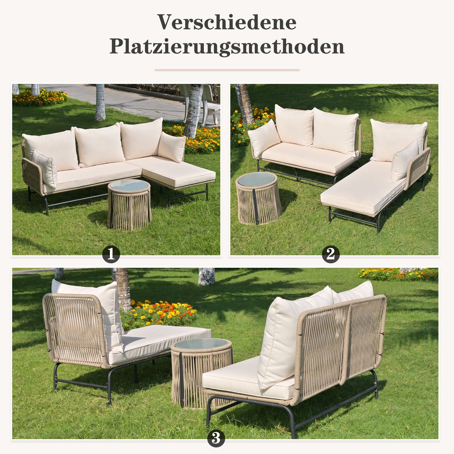 Gartenlounge-Set, Gartenmöbel-Set, Gartenlounge mit Eisengestell und beigem Seilbezug, Gartenmöbel aus gewebtem Seil für den Außenbereich, L-förmiges Gesprächsset mit Tisch, Beige