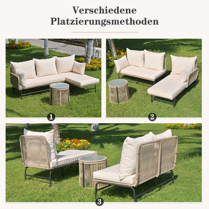 Gartenlounge-Set, Gartenmöbel-Set, Gartenlounge mit Eisengestell und beigem Seilbezug, Gartenmöbel aus gewebtem Seil für den Außenbereich, L-förmiges Gesprächsset mit Tisch, Beige
