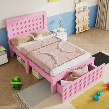Holzbett Einzelbett 90x200 cm, Kinderbett Jugendbett mit Kreativem Block Design, Massivholz Bettgestell mit Lattenrost, mit Schubladen & Unterm Bett Stauraum, Rosa, Ohne Matratze