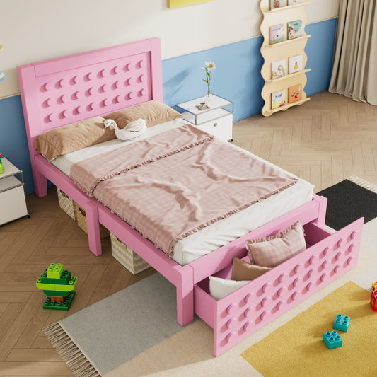 Holzbett Einzelbett 90x200 cm, Kinderbett Jugendbett mit Kreativem Block Design, Massivholz Bettgestell mit Lattenrost, mit Schubladen & Unterm Bett Stauraum, Rosa, Ohne Matratze