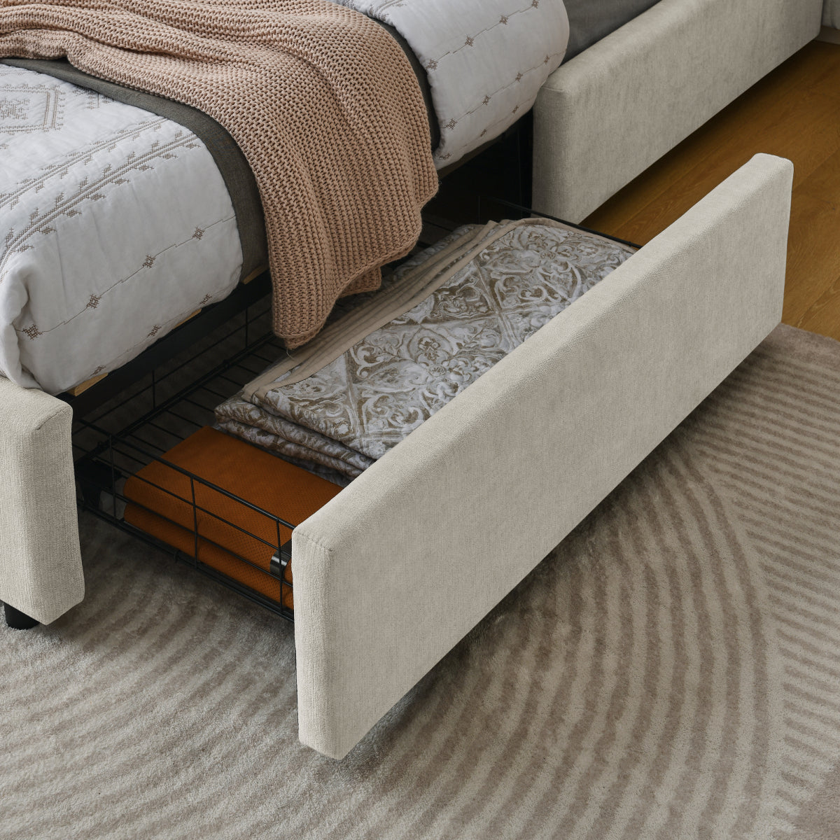 Doppelbett 160×200 cm aus Chenille mit 4 Schubladen, stabiles Bettgestell für Schlafzimmer & Eltern-Kind-Zimmer, Beige (ohne Matratze)