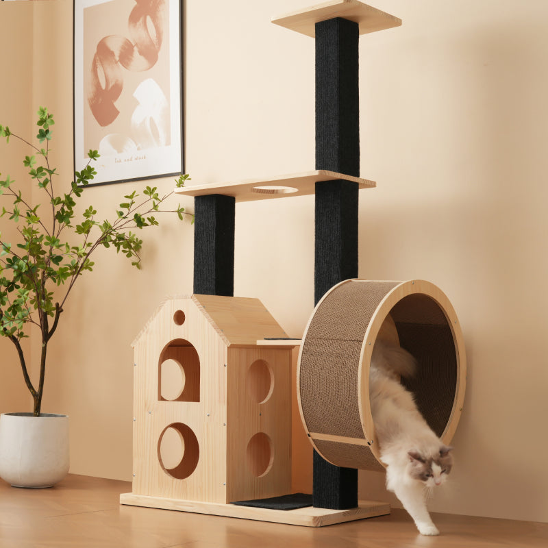 Katzenbaum aus Massivholz mit Laufrad mit 4 Plattformen, 2 Katzenhäusern, Sisalpfosten & waschbaren Kratzmatten, 80×40×152 cm