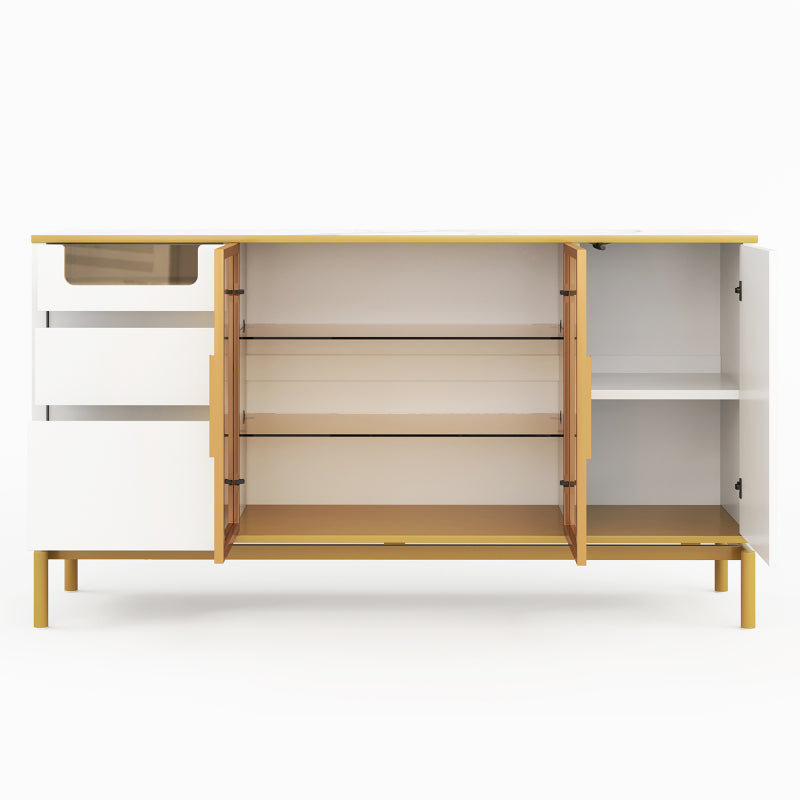 Elegantes Sideboard 150Lx40Bx80H cm, weiß, Arbeitsplatte aus Marmor, goldene Zierleiste - Moderner Stauraumschrank mit Glas- und Holzfächern