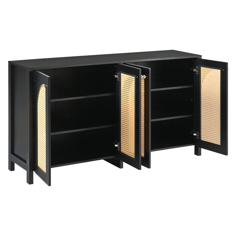 Modernes Sideboard im minimalistischen Stil 4-Rattantür, Metallgriff einfaches Buffetschrank für Esszimmer, Wohnzimmer, Küche (Schwarz)