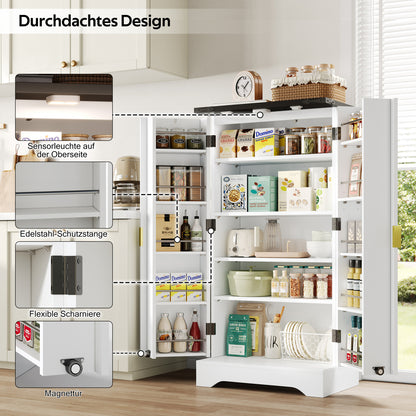 Hochschrank Weiß 120 cm, Buffetschrank mit LED-Sensorlicht, Anrichte mit Gerillten Türen & Türablagen, Goldgriffe