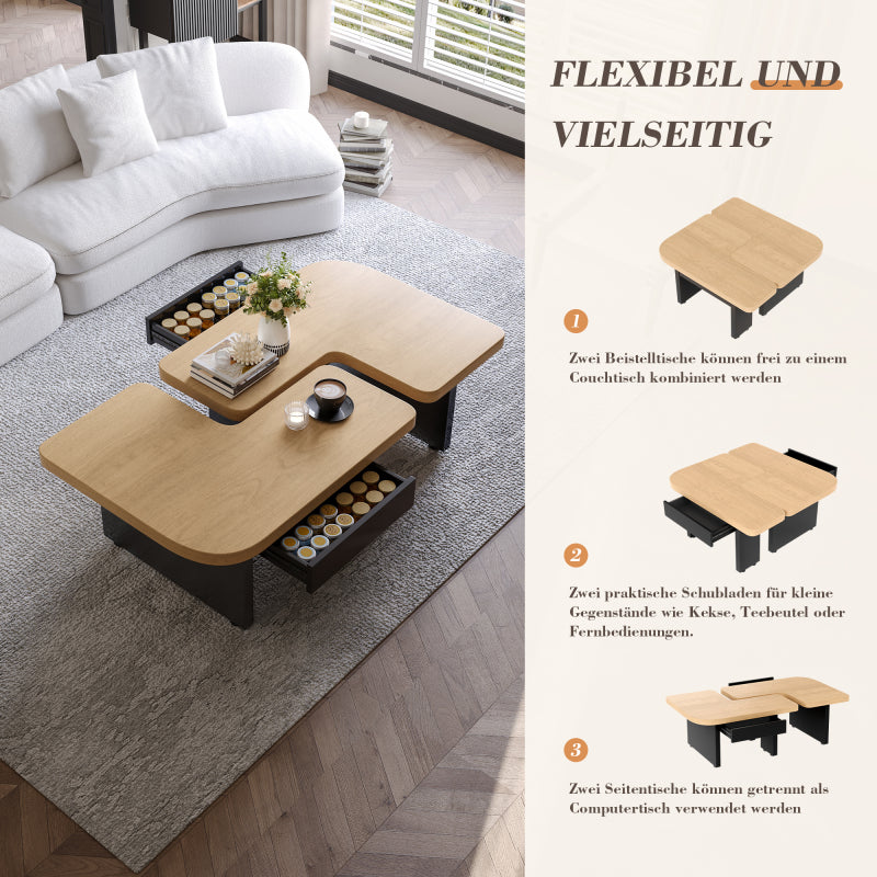 Moderner Couchtisch mit LED-Design aus umweltfreundlichem Holz, 2-in-1-Design, weiche Rundungen, höhenverstellbare Füße