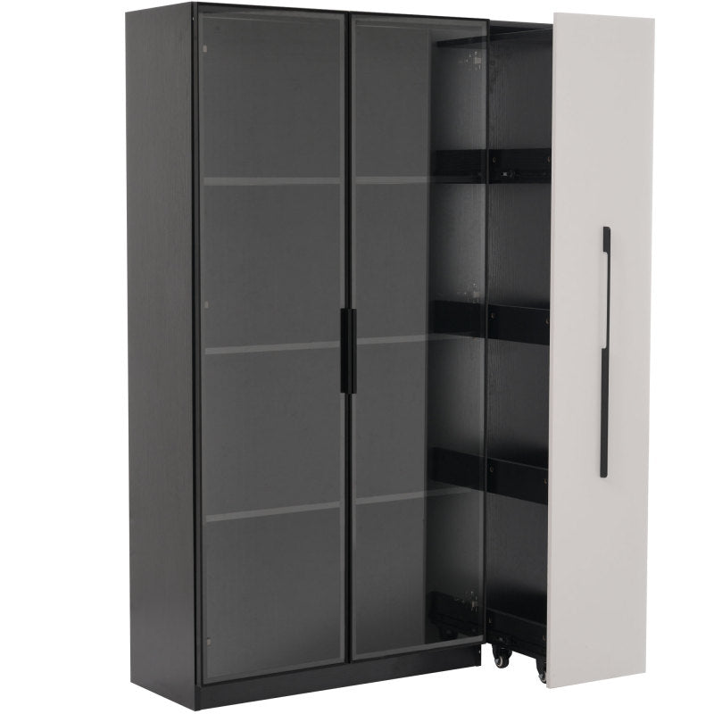 Multifunktionsschrank 110,5x35x160 cm, Schwarz-Weiß: Moderne Vitrine mit Glastür, LED, Seitenauszug, Rollschrank, ideal für Bücher, Bad, Esszimmer.