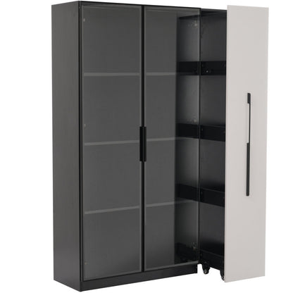 Multifunktionsschrank 110,5x35x160 cm, Schwarz-Weiß: Moderne Vitrine mit Glastür, LED, Seitenauszug, Rollschrank, ideal für Bücher, Bad, Esszimmer.