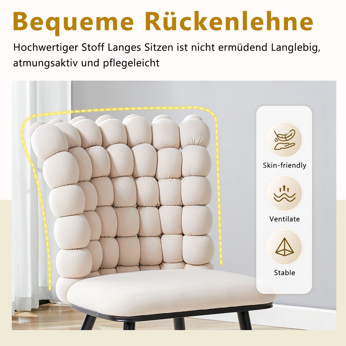 Esszimmerstuhl 2er Set Samt, Schwarz-Metallbeine, Modern Luxus, Cremeweiß