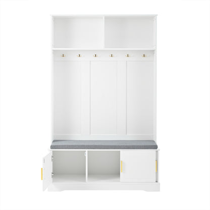 Garderobenständer mit  Schuhbank, Garderobe,  6 Dreifach-Haken,freistehend, platzsparend, für Eingangsbereich,Flur, Weiß