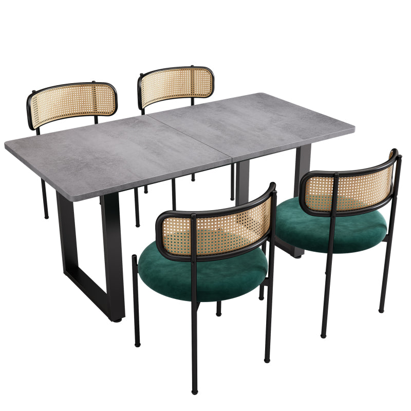 Esstisch und Stuhl-Set, 5er set, 4 Samt-Esszimmerstühle & 1 rechteckiger Esstisch, Grau + Grün+Schwarz