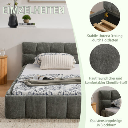 Einzelbett 90*200 cm, Kinderbett mit seidig weichem Chenille - Bezug, quadratischem Steppdesign, Dark Gray (ohne Matratze)