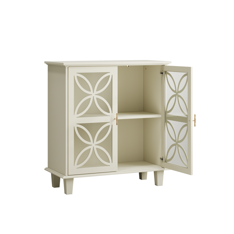 Sideboard mit Glastüren und verstellbaren Böden, freistehender Aufbewahrungsschrank im Retro-Stil, 2-türig, für Bad & Küche, Creme